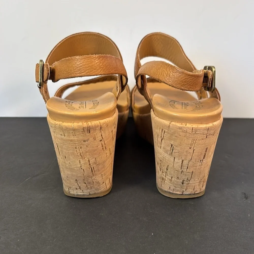 Kork-Ease Brown Leather Wedge Sandals Sz 8M Cork Platform Strappy Boho Comfort